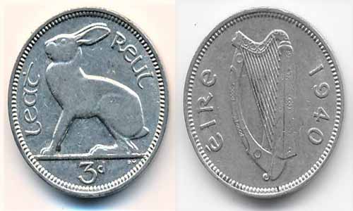 1950 Irish Three Pence Coin Old Ireland 3d Vintage Rabbit Harp 