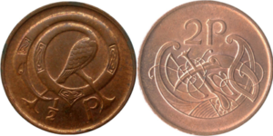 Irish half penny and two pence coin side by side