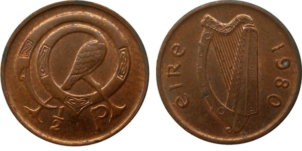 1971 Ireland One Penny Circulated Harp and Stylized Bird! 